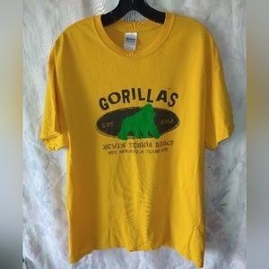 Newks Tennis Ranch Gorillas printed on a yellow Gildan t shirt size large